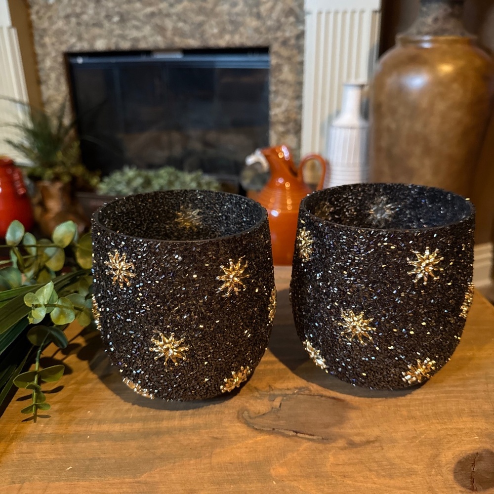 Set Of Black & Silver Large Glass Tea Light Candle Holders. Made In India